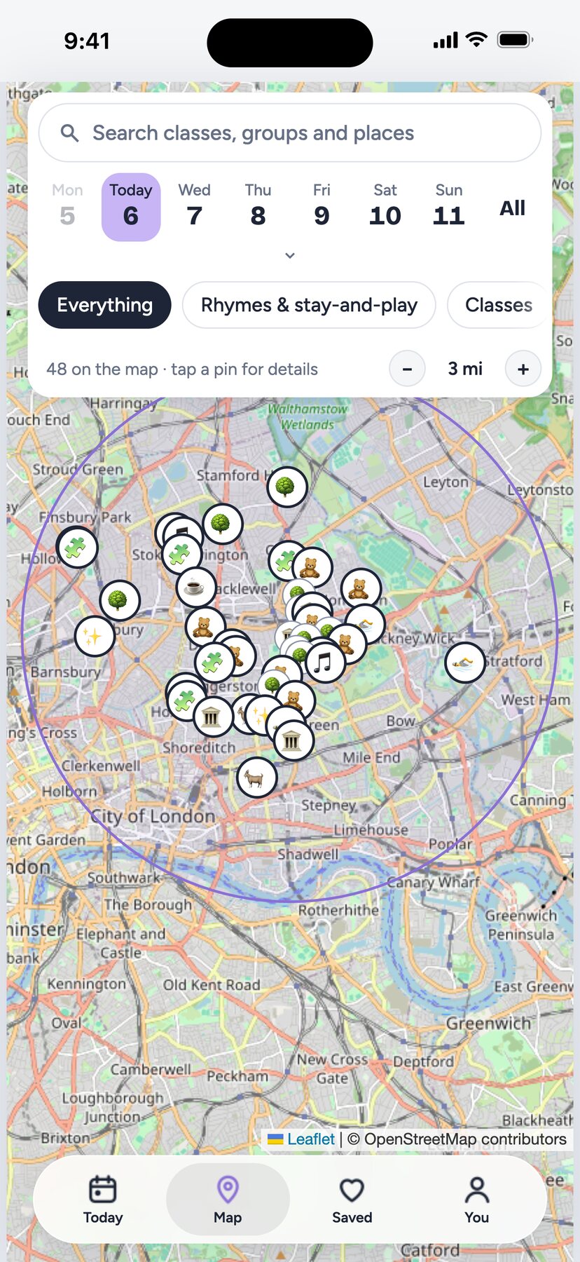 The Doddily map: emoji pins for classes and places inside a purple three-mile circle over east London.