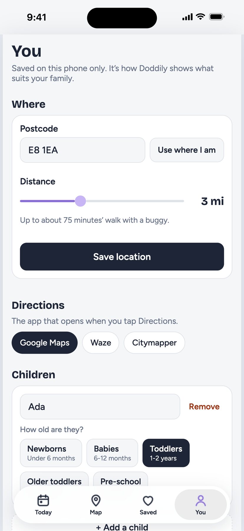 The Doddily You screen: postcode, distance slider, choice of maps app, and a child’s name and age group.